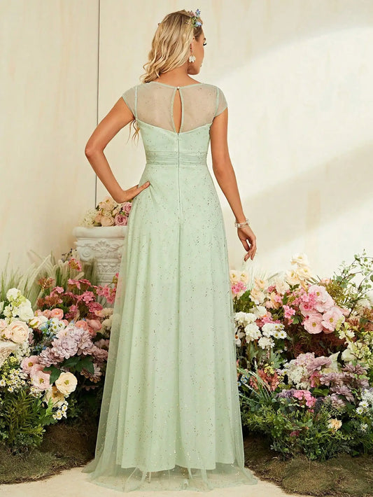 Mgiacy round neck short sleeve gold mesh full skirt Evening gown Ball dress Party dress