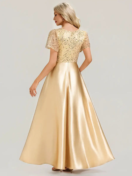 V-Neck Short Sleeve Evening Dress with Ruffle and Sheer Appliques