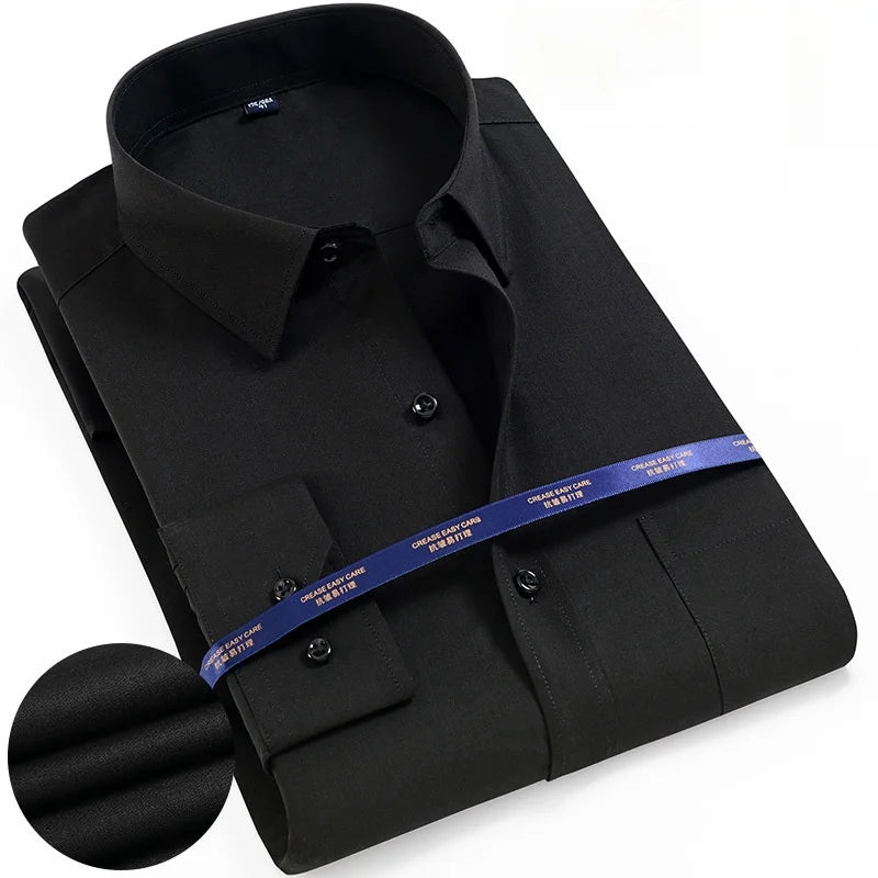 Men Shirt Long Sleeve Solid Basic Formal Dress Shirts Comfortable Business Social Standard-fit Easy-care Office White Shirt 5XL - BOC-WEAR