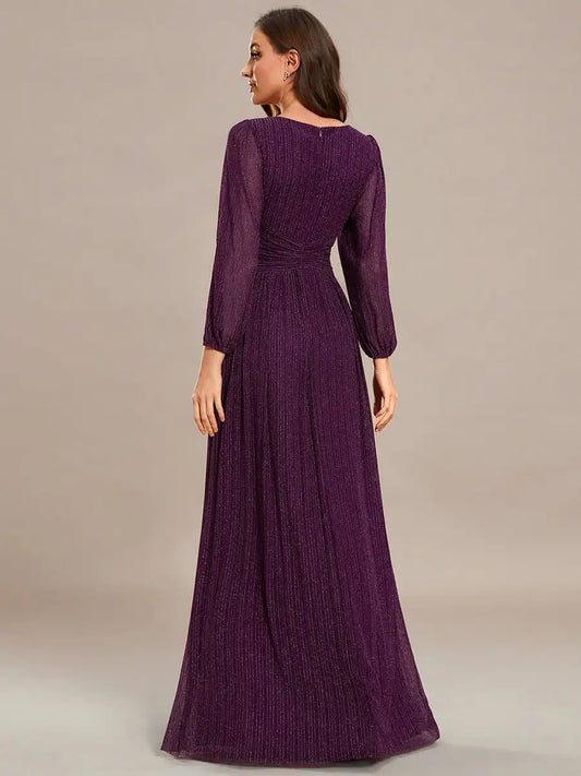 Elegant Evening Dress Maxi Long V Neck with Long Sleeves High Waist 2025 Ever pretty of Sparkle Shiny Purple Bridesmaid Dress