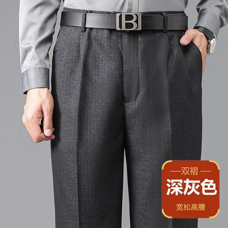 High Waist Suit Pants Men Autumn Thicken Double Pleated Straight Loose Formal Men Trousers High Quality Black Size 29-42 44 46