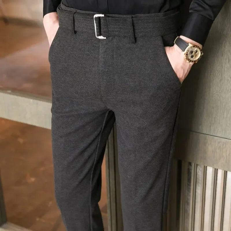 Straight Slim Fit Tressed Male Suit Trousers Social Tailoring Men's Summer Pants Stretch Business Elastic Clothing Promotion Hot