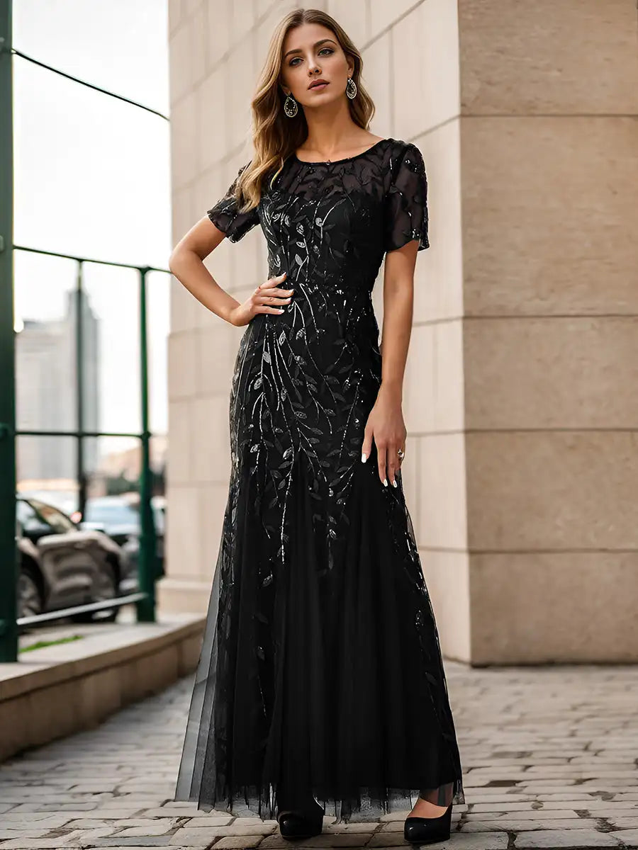 Sequin High Slit Evening Gown