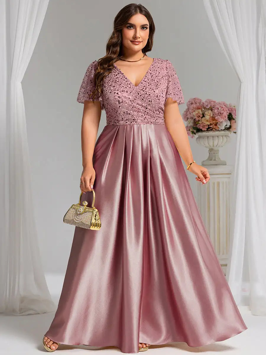 V-Neck Ruffle Applique Evening Dress