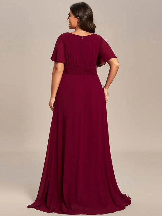 Plus Size Evening Dresses Round Neck Pleated Floor-Length Short sleeve 2025 Ever Pretty of Chiffon Burgundy Bridesmaid dress