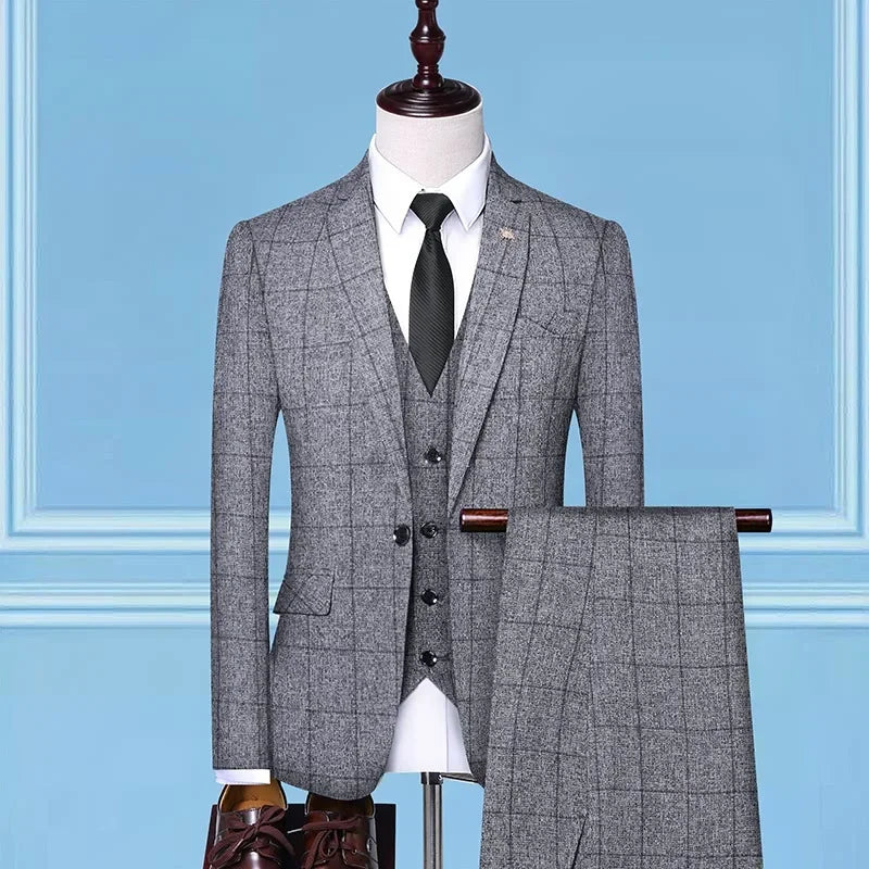 Suit Fashion Business Casual Gentleman Men's Italian Style Elegant Plaid Slim-Fit Formal 3-Piece Suit
