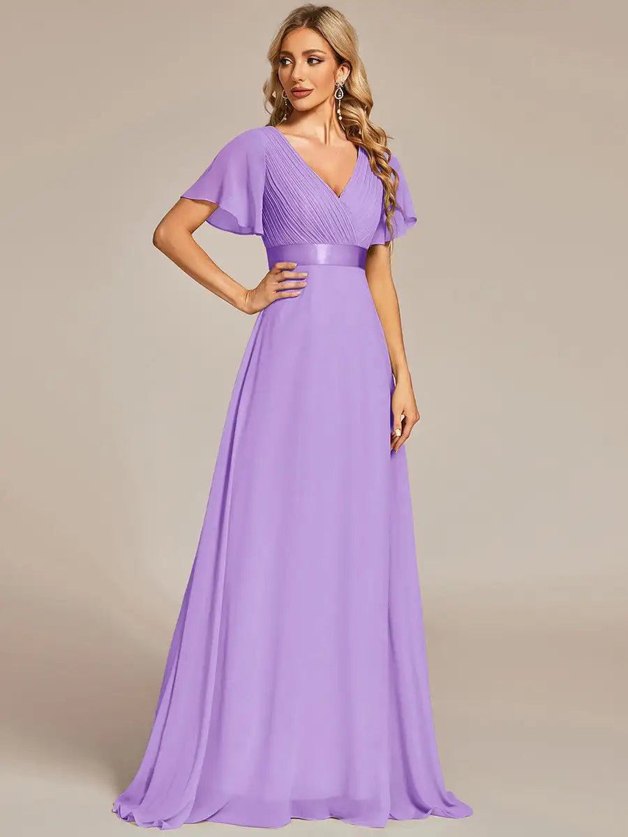 Double V-Neck Ruffled Evening Dress