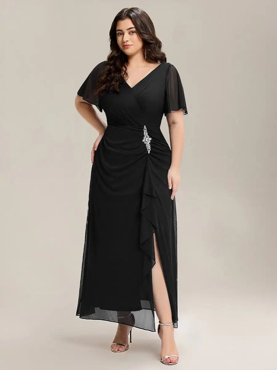 Plus Size Ruffled V-Neck Slit Maxi Dress