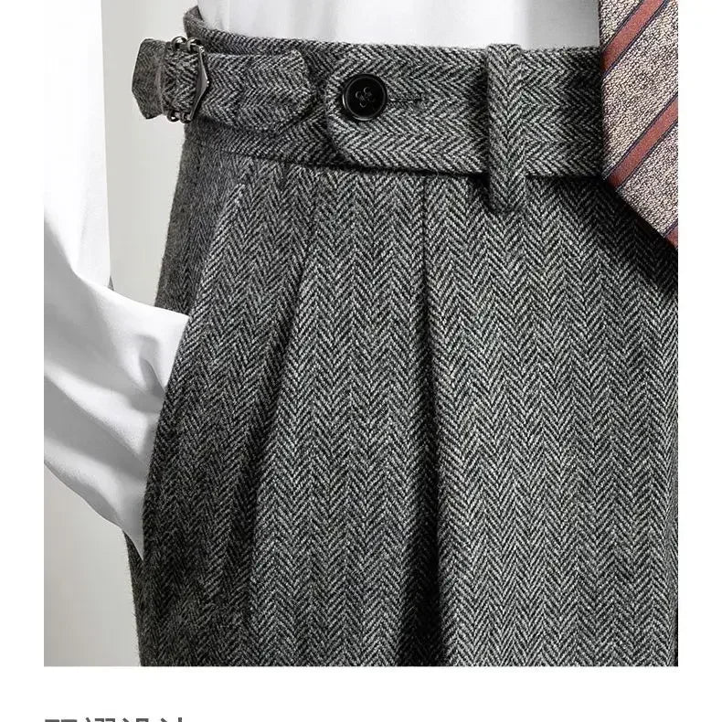 2025 Men's Autumn Winter Fashion High Waist Wool Trousers Male Tweed Casual Pockets Pants Men Long Straight Suit Pants