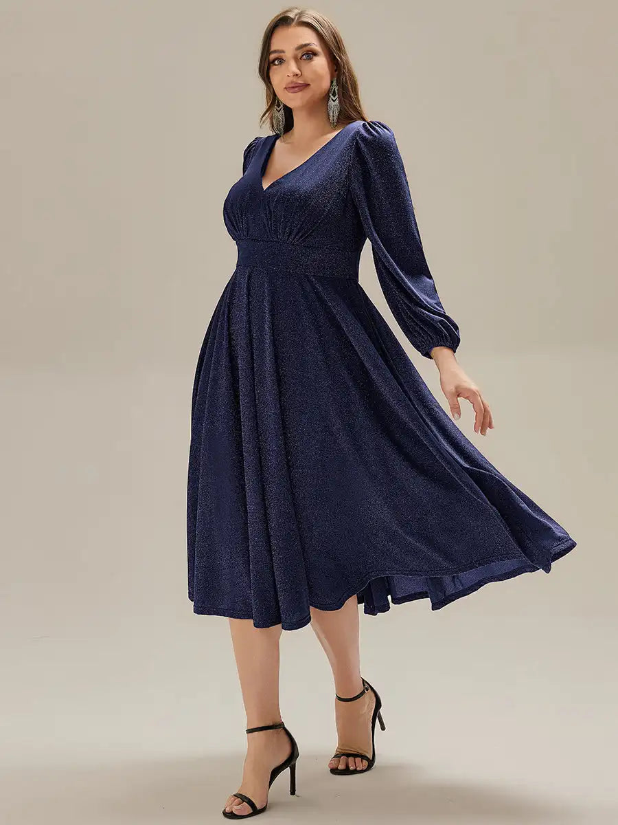 V-Neck A-Line Midi Wedding Guest Dress