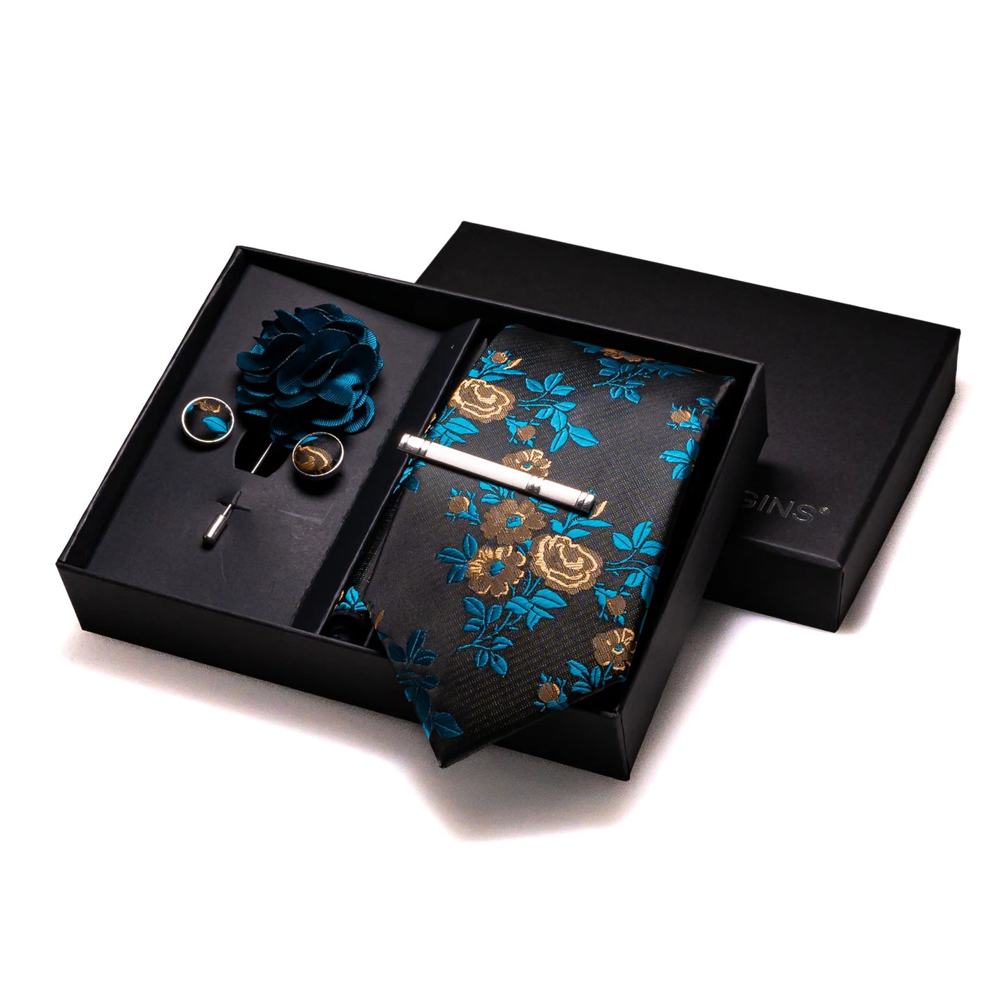 Navy blue Silk Necktie Paisley Floral Mens Tie Pocket Square Cufflinks Set Quality Business Wedding Birthday Gift Box Gravatas - BOC-WEAR