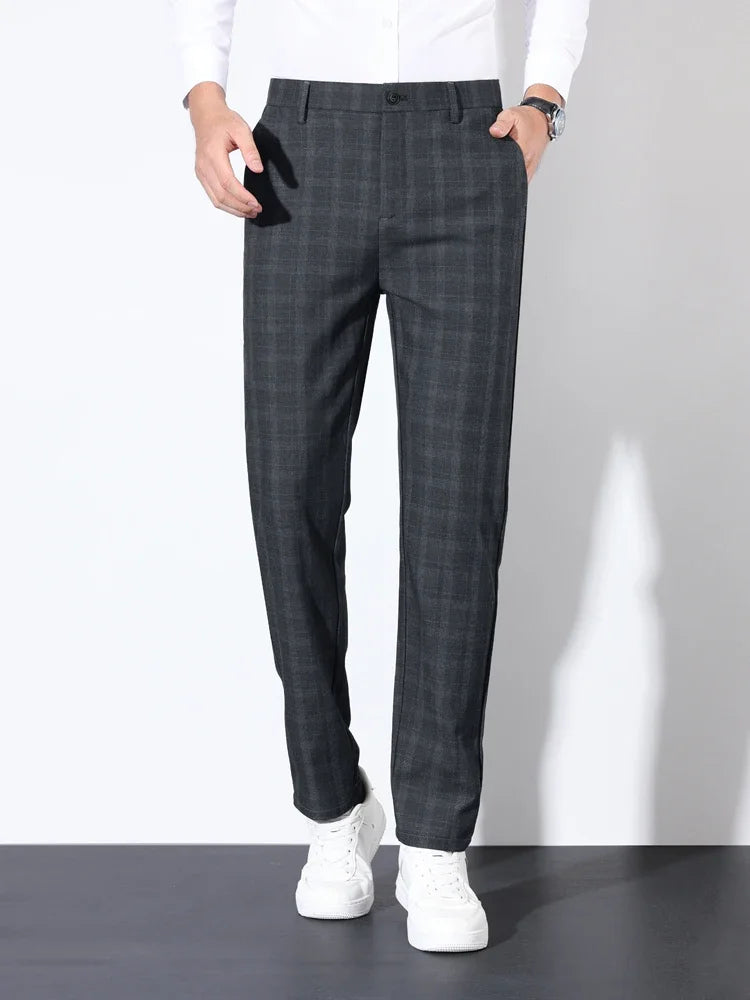 Autumn Winter Men's Plaid Striped Suit Pants Cotton Stretch Straight Business Casual High Quality Classic Fashion Trousers Male