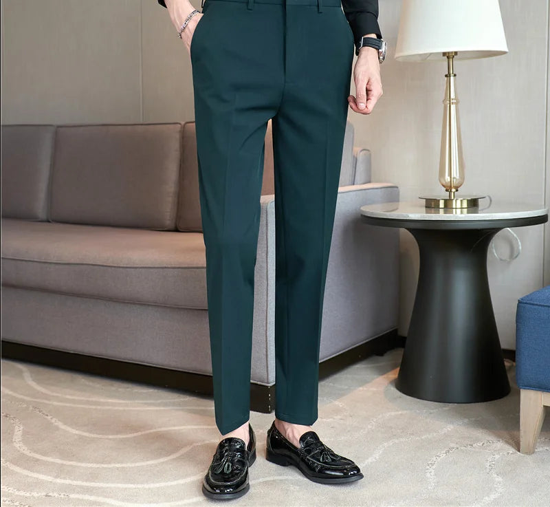 2025 Spring Autumn Men High Waist Belt Design Casual Slim Formal Dress Pant Men Social Office Wedding Party Dress Suit Pants