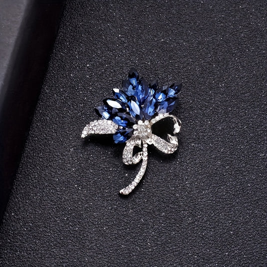 Blue Rhinestone Brooch - Vintage Floral Pin for Women, Statement Jewelry