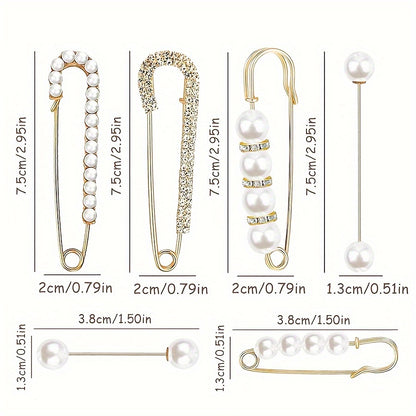 Set of pearl and crystal brooches with measurements on a white background