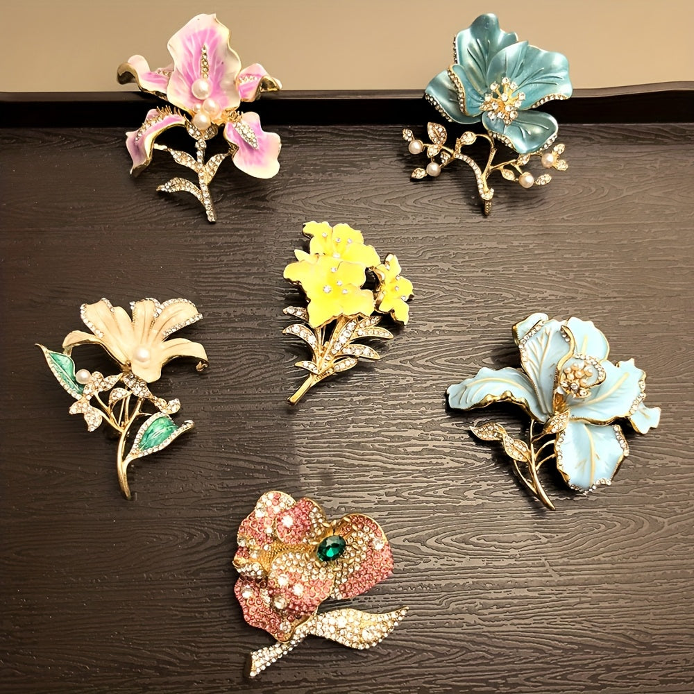 6pcs Rhinestone Flower Brooch Set - KC Golden Plated Pin Collection