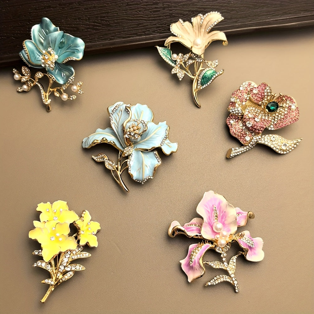 6pcs Rhinestone Flower Brooch Set - KC Golden Plated Pin Collection