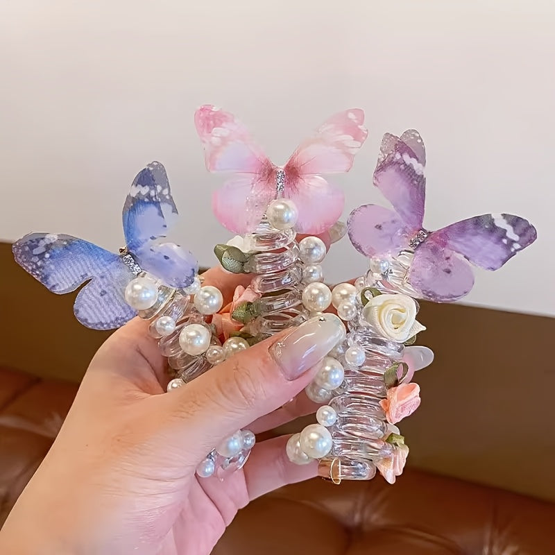 Butterfly Headbands 2pcs - Pearl & Floral Mesh Design for Girls