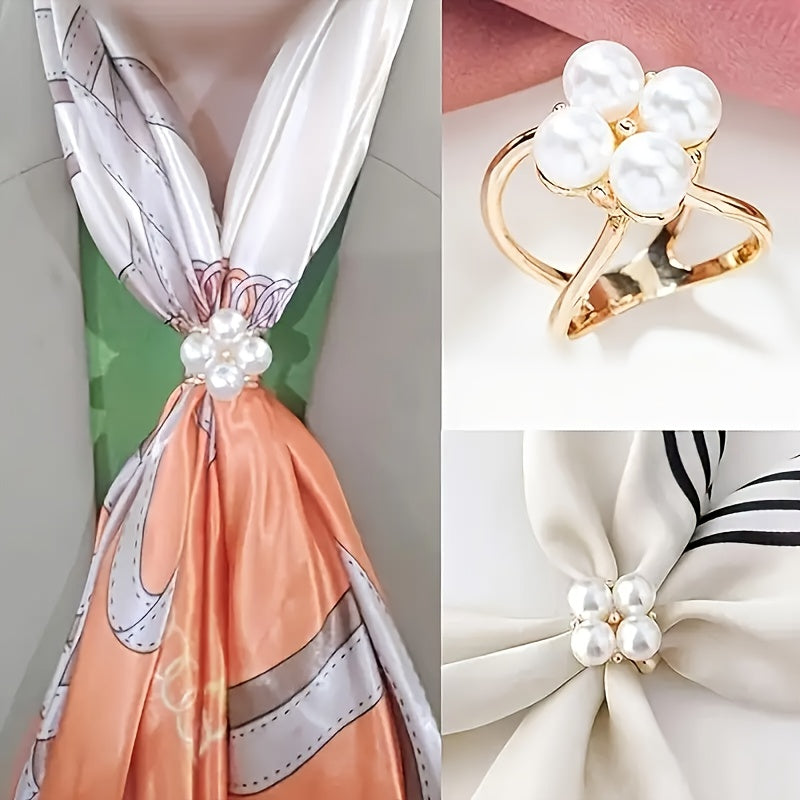 Collage of a scarf with pearl decorations and a ring with pearls.