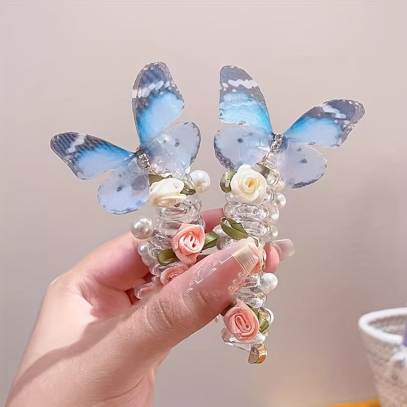 Butterfly Headbands 2pcs - Pearl & Floral Mesh Design for Girls