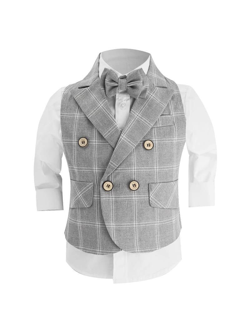Boys gray and white plaid 3-piece suit set with vest, pants and bow tie for weddings- BOCWEAR