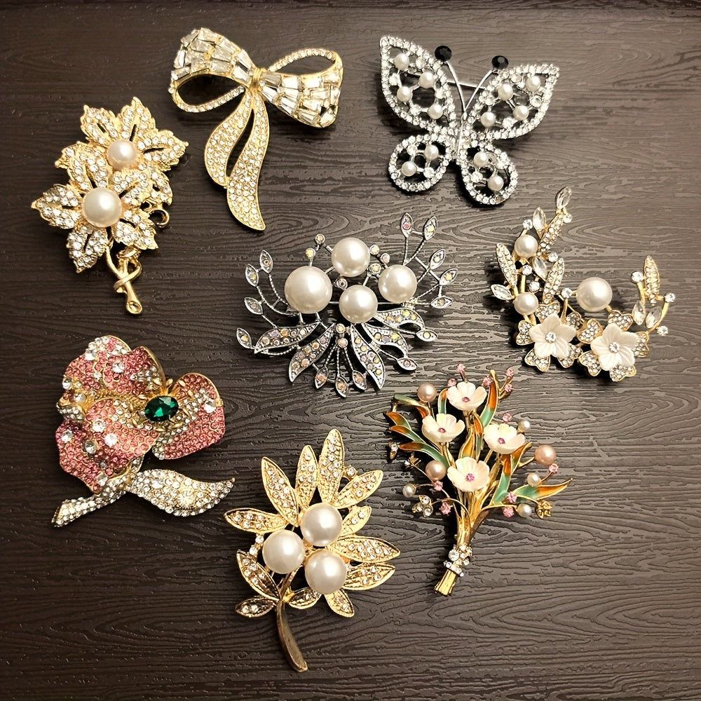 8pcs Flower Brooch Set - Multicolor Gemstone & Pearl Rhinestone Pins