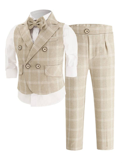 cs Boys' Uniform Suit Set - Beige & White Plaid Vest, Pants & Bow Tie Outfit - BOC-WEAR