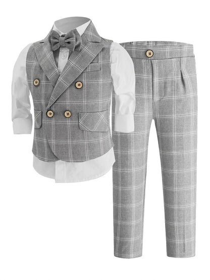 Boys gray and white plaid 3-piece suit set with vest, pants and bow tie for weddings- BOCWEAR