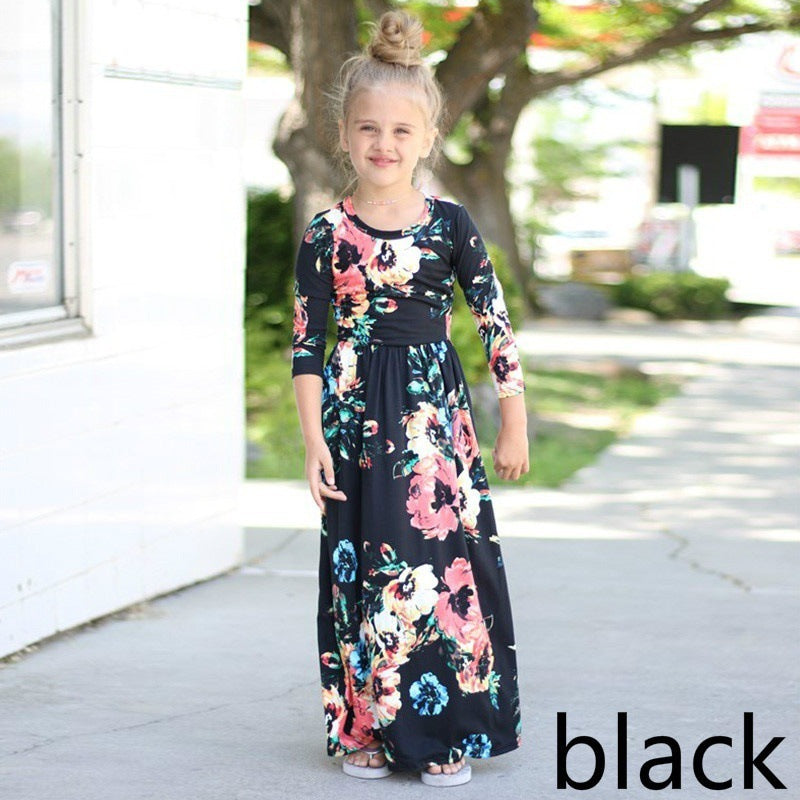Amazon children's dresses Europe and the United States round neck print girls long skirt eBay AliExpress girls explosion models - BOC-WEAR