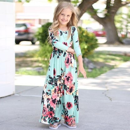 Amazon children's dresses Europe and the United States round neck print girls long skirt eBay AliExpress girls explosion models - BOC-WEAR