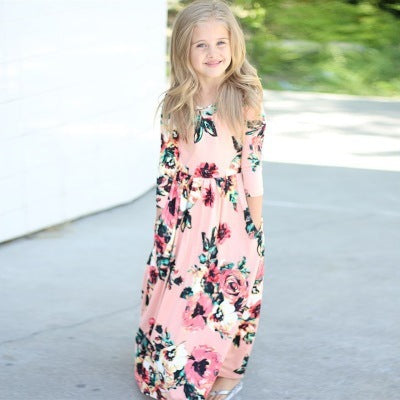 Amazon children's dresses Europe and the United States round neck print girls long skirt eBay AliExpress girls explosion models - BOC-WEAR
