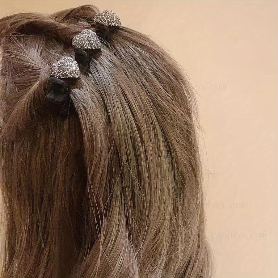Hair styled with decorative hairpins on a beige background