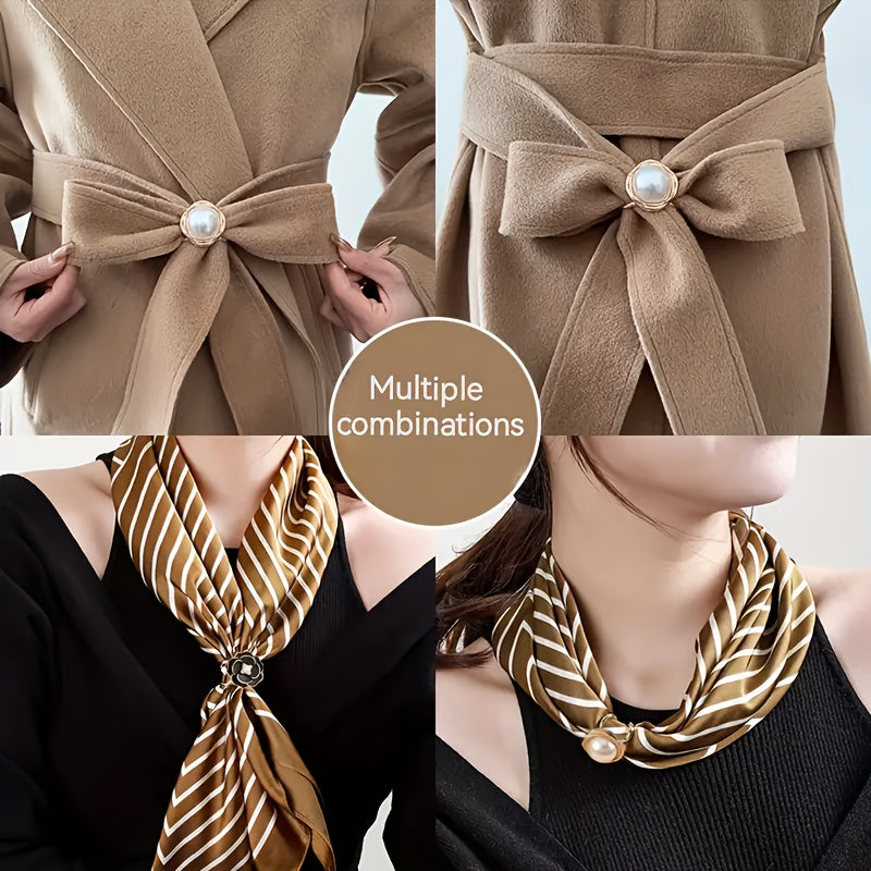 Collage of a brown coat with a decorative bow and a gold scarf with a pearl accent.