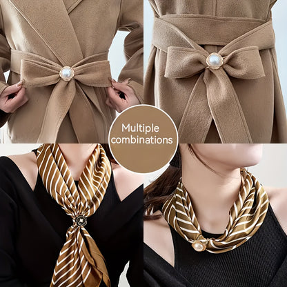 Collage of a brown coat with a decorative bow and a gold scarf with a pearl accent.