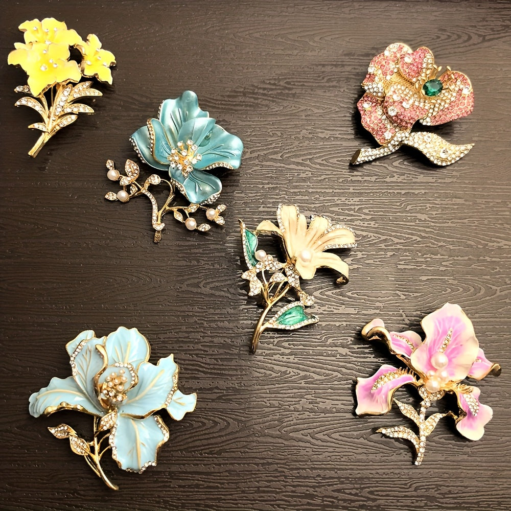 6pcs Rhinestone Flower Brooch Set - KC Golden Plated Pin Collection