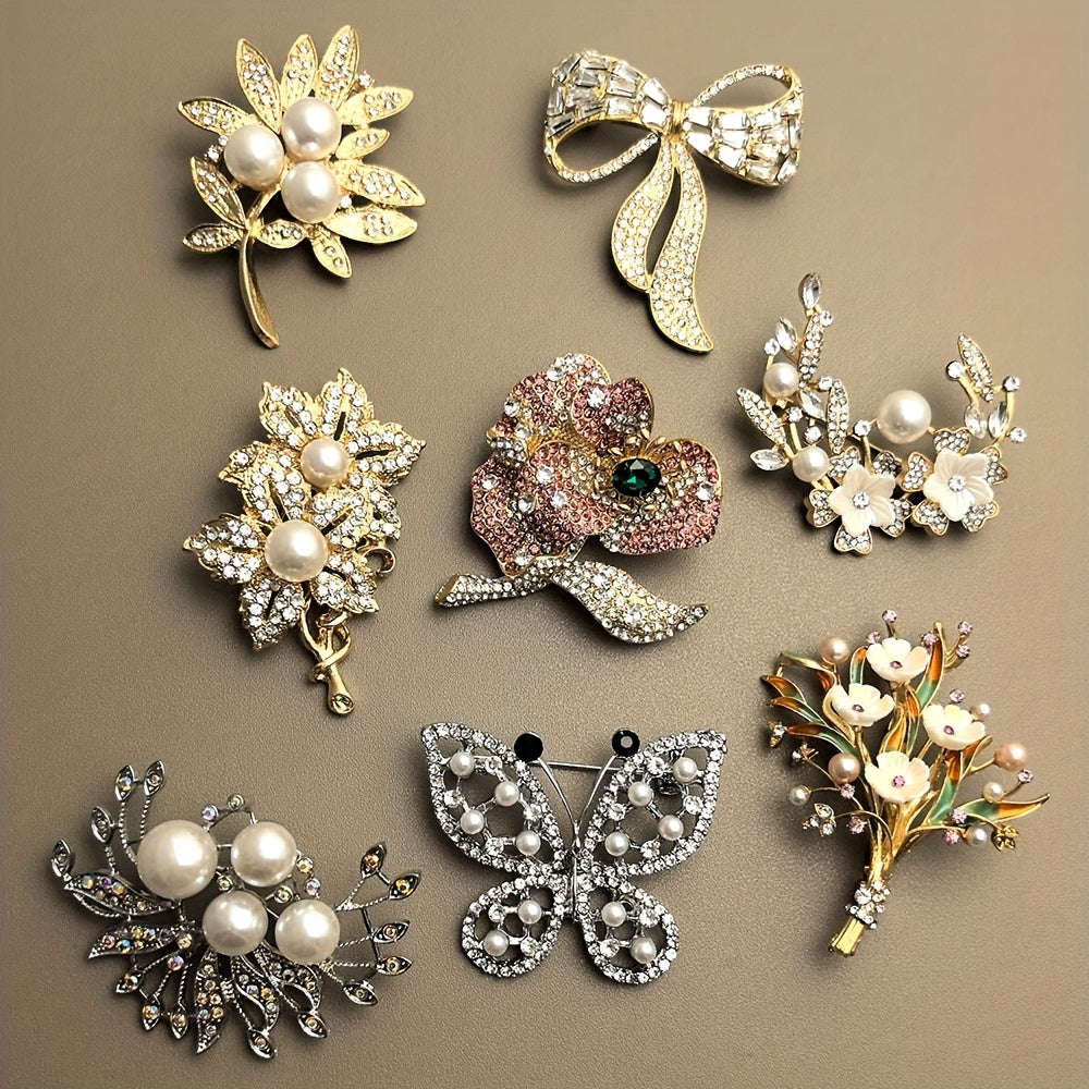 8pcs Flower Brooch Set - Multicolor Gemstone & Pearl Rhinestone Pins
