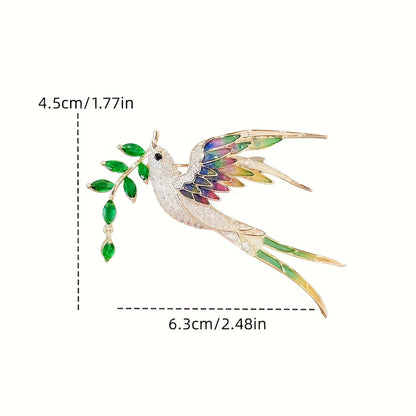 Colorful bird-shaped brooch with measurements on a white background