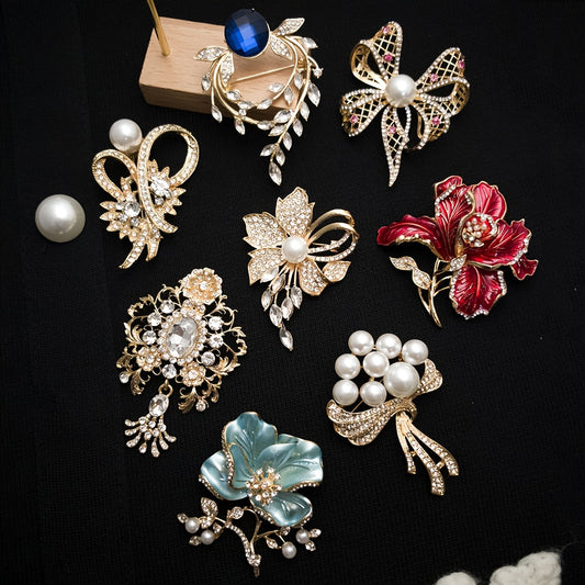 8pcs Vintage Wedding Brooches - Rhinestone Flower Pin Set for Bridal