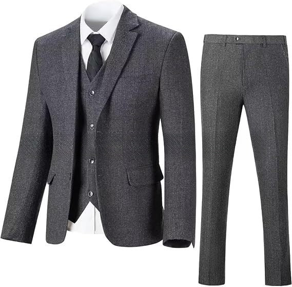 Men's Herringbone Pattern Slim Three Pieces Work Suit - BOC-WEAR