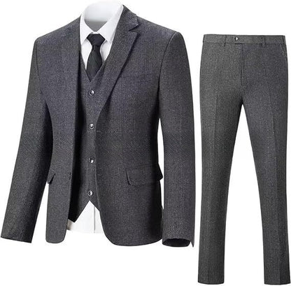Men's Herringbone Pattern Slim Three Pieces Work Suit - BOC-WEAR