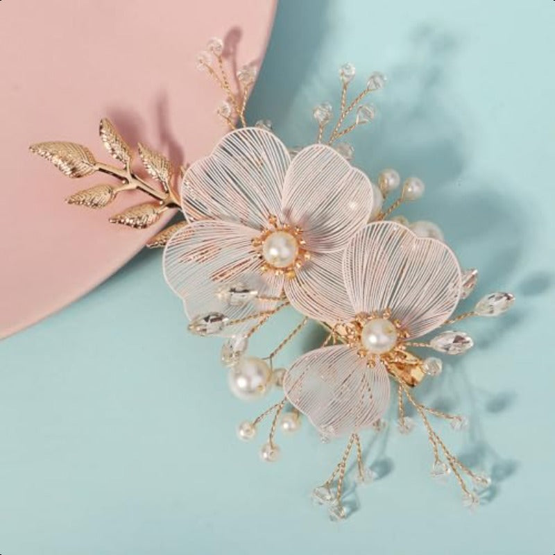 Rose Gold Wedding Hair Clip - Rhinestone Bridal Hairpiece with Leaf & Flower