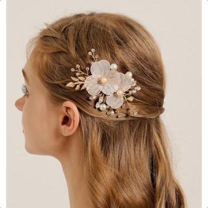 Rose Gold Wedding Hair Clip - Rhinestone Bridal Hairpiece with Leaf & Flower