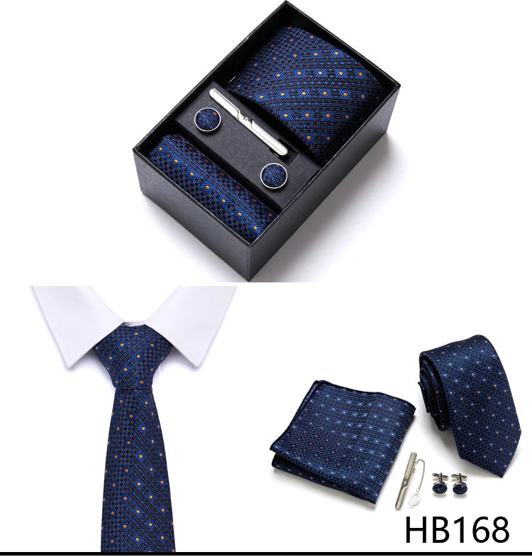 Top Grade Holiday Gift Box 7.5 cm Green Print Tie Pocket Squares Cufflink Set Gravatas Man Suit Accessories Fit Formal Party - BOC-WEAR