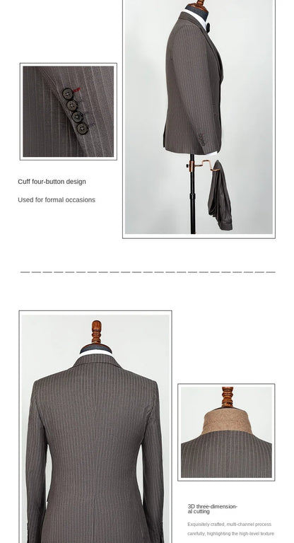 Men's Elegant Khaki Striped Three-Piece Suit High-End Casual Professional Style Adults Flat Front - BOC-WEAR