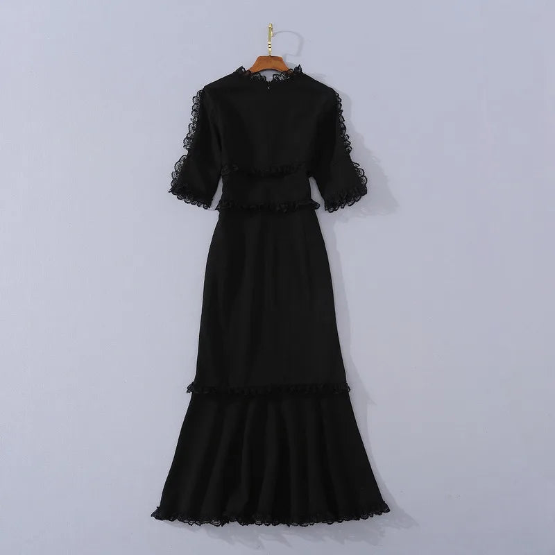 BOC-WEAR Black Fishtail Evening Dress - Leopard Button V-Neck Gown - BOC-WEAR