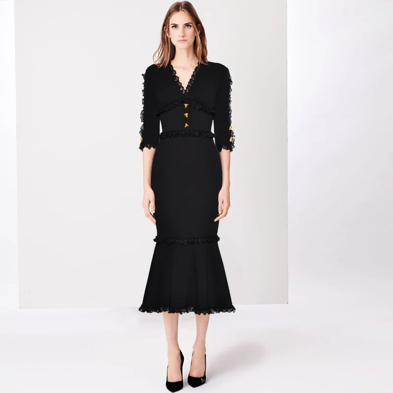 BOC-WEAR Black Fishtail Evening Dress - Leopard Button V-Neck Gown - BOC-WEAR