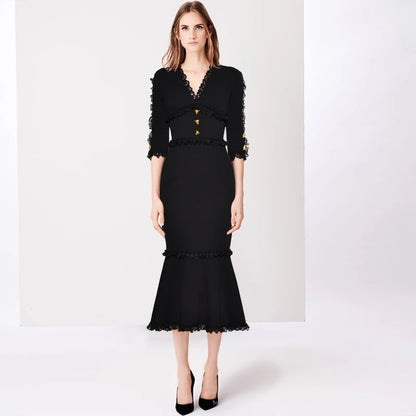 BOC-WEAR Black Fishtail Evening Dress - Leopard Button V-Neck Gown - BOC-WEAR