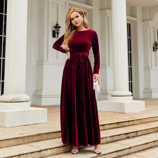 Europe America Women's Elegant Long Sleeve Dress for Autumn Winter Velvet Solid Color O-Neck Dress Natural Waistline Breathable - BOC-WEAR