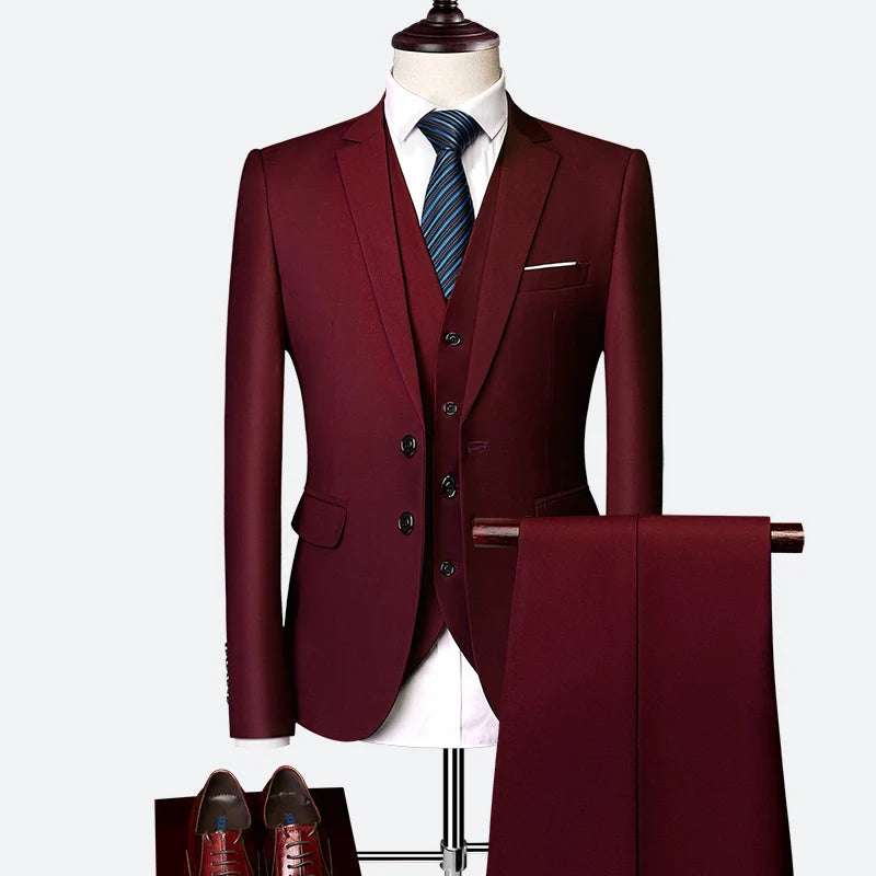 Luxury 3 piece men's wedding suit fashion men's slim solid color business office suit sets large size men Blazer+ pants + vest - BOC-WEAR