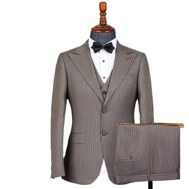Men's Elegant Khaki Striped 3-Piece Suit - High-End Casual Professional Business Suit Set - BOC-WEAR